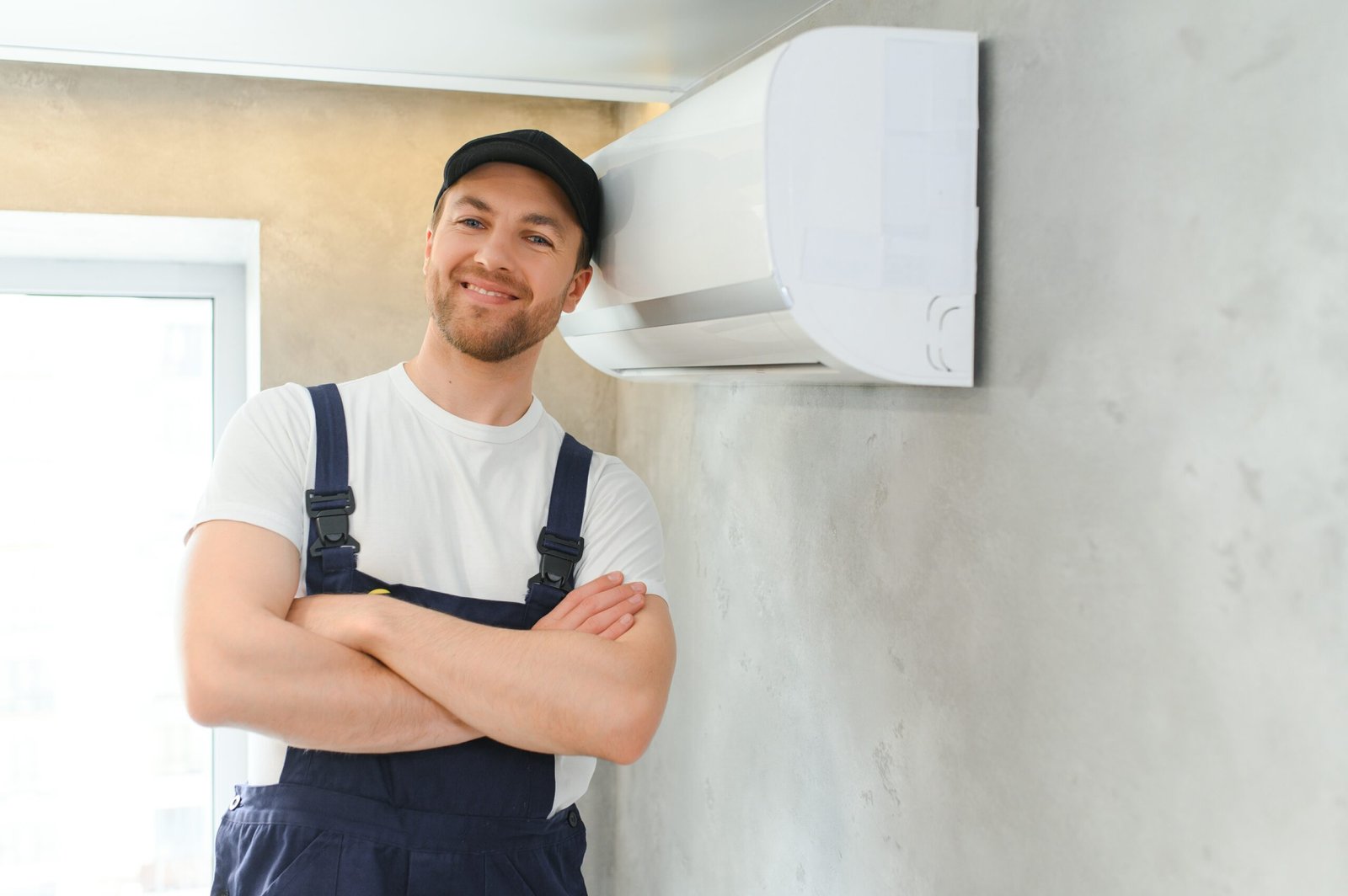 happy male technician repairing air conditioner scaled